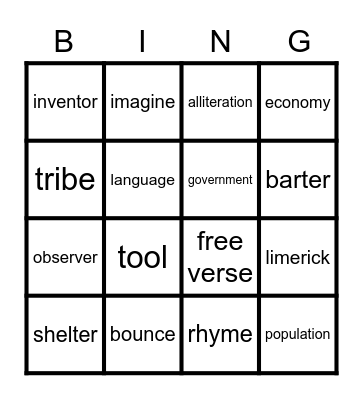 Poetry/Social Studies Bingo Card