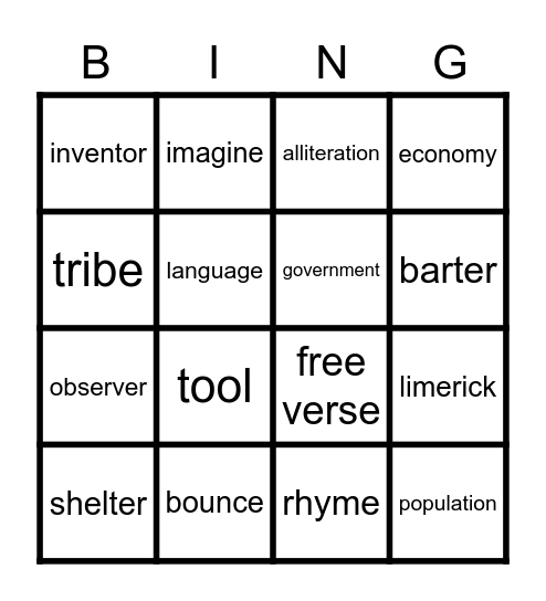 Poetry/Social Studies Bingo Card