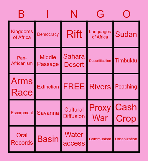 Sub-Sahara Bingo Card