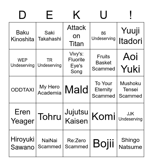 Anime Awards Bingo Card