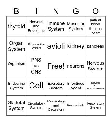 Body Systems Bingo Card