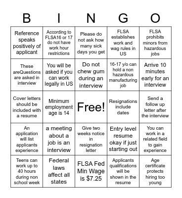 Job Keeping Skills Bingo Card