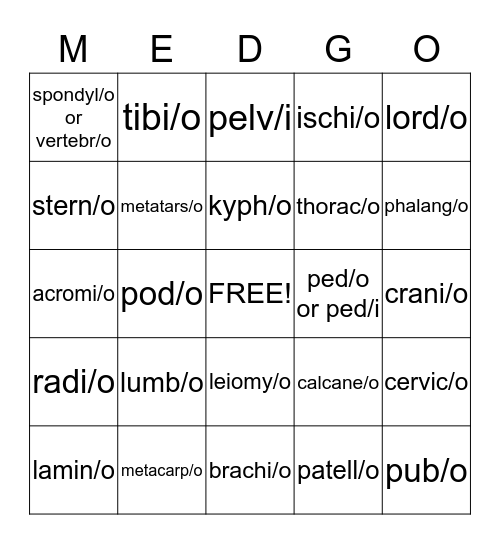 Musculoskeletal System Bingo Card