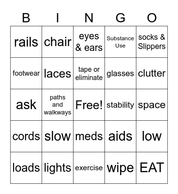 Fall Prevention Bingo Card