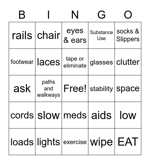 Fall Prevention Bingo Card