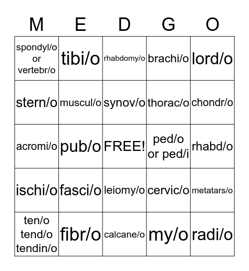 Musculoskeletal System Bingo Card