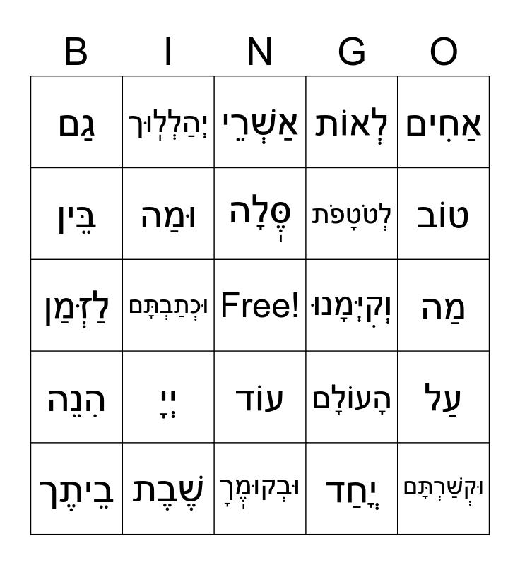 Hinei Ma Tov, Ashrei, Shehecheyanu Bingo Card