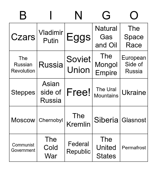 Russia Test Bingo Card