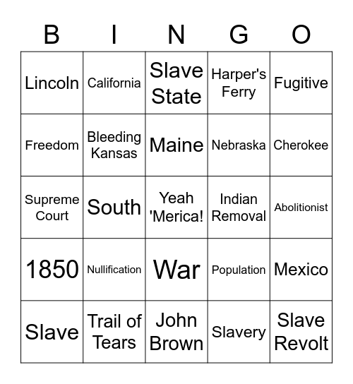US History: 1820-1860 Bingo Card