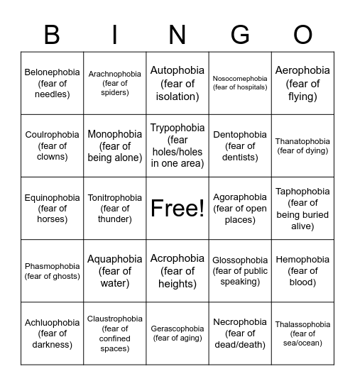 Phobia Bingo Card