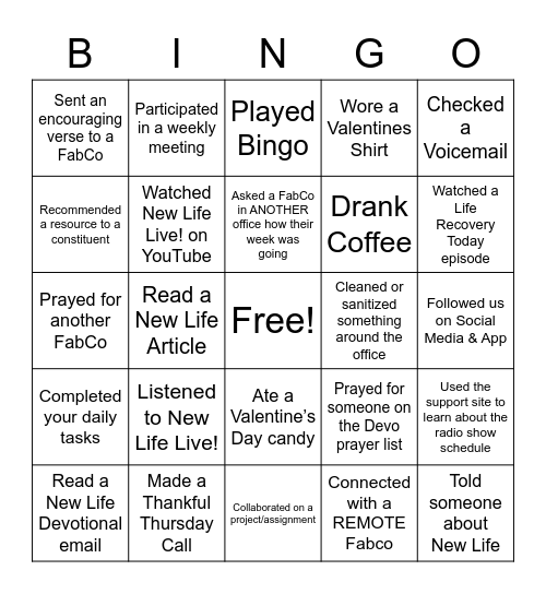 New Life Love Bingo! Bingo Card