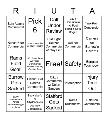 Super Bowl Bingo! Bingo Card