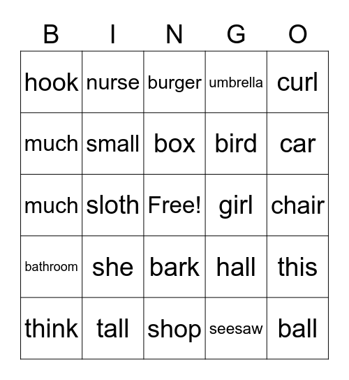 OO, IR, UR, ALL, SH, CH, TH, EE, AR Bingo Card
