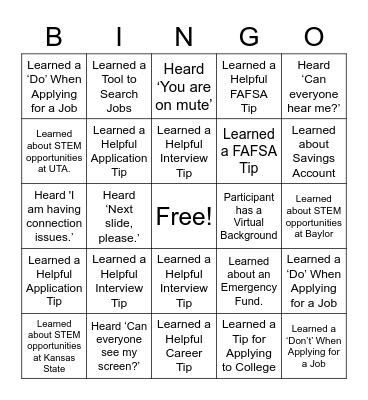 College Fair BINGO! Bingo Card