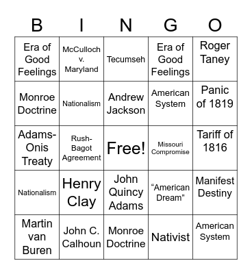 Era of Good Feelings Bingo Card