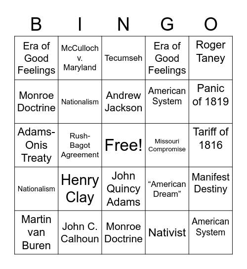 Era of Good Feelings Bingo Card