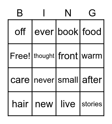High Frequency Words Bingo Card