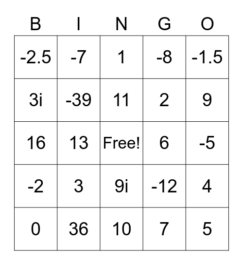 Quadratics BINGO Card