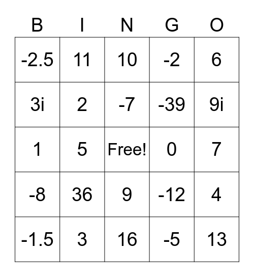 Quadratics BINGO Card