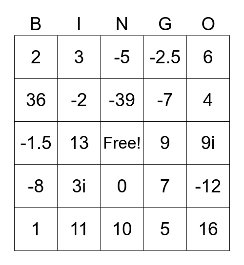 Quadratics BINGO Card