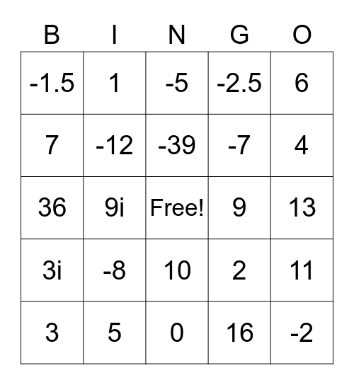 Quadratics BINGO Card