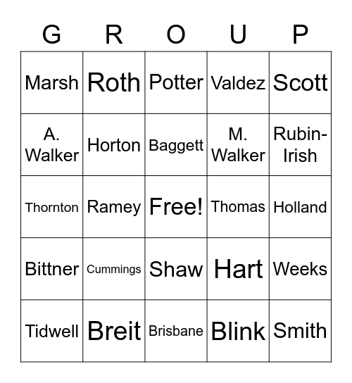 Grouping Bingo Card