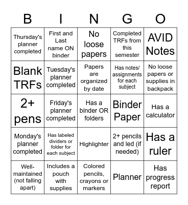 AVID Binder Check Bingo Card