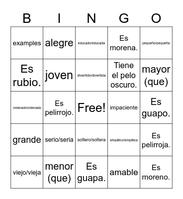 spanish adjective Bingo Card