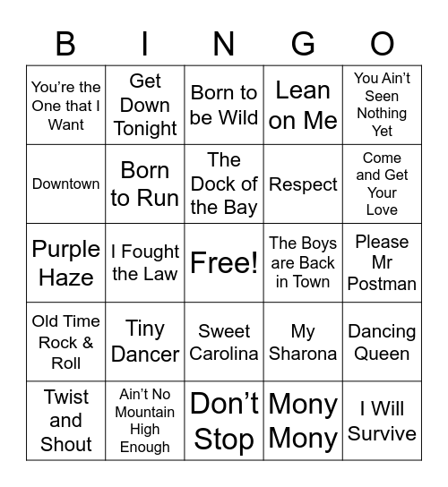 60’s - 70’s Hits Bingo Card