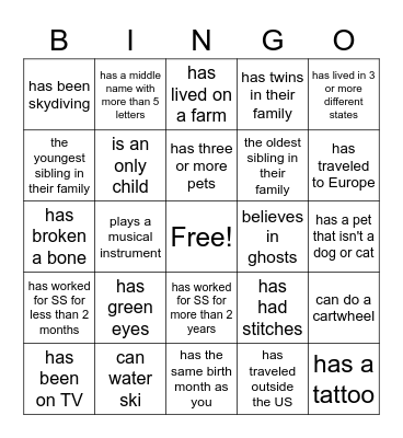 Senior Suites Staff Bingo. Find someone on staff who the statements below apply to. Have the staff member write their name in the box that applies to them. When you make a Bingo (five in a row vertically, horizontally, or diagonally), you win! Bingo Card