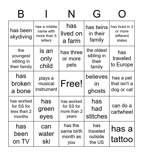 Senior Suites Staff Bingo. Find someone on staff who the statements below apply to. Have the staff member write their name in the box that applies to them. When you make a Bingo (five in a row vertically, horizontally, or diagonally), you win! Bingo Card