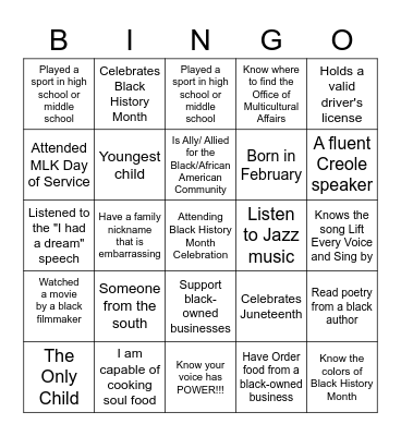 Black History Month Celebration Bingo Card