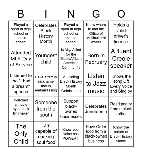 Black History Month Celebration Bingo Card