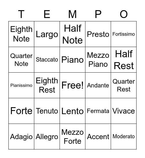 Dynamics, Tempo, Rhythms, Articulations Bingo Card