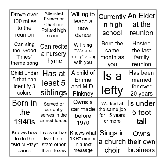 FIND A FAMILY MEMBER WHO... Bingo Card