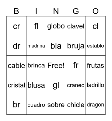 Bingo de Silabas Trabadas Bingo Card