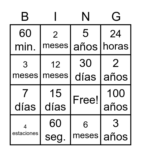 Bingo del tiempo Bingo Card