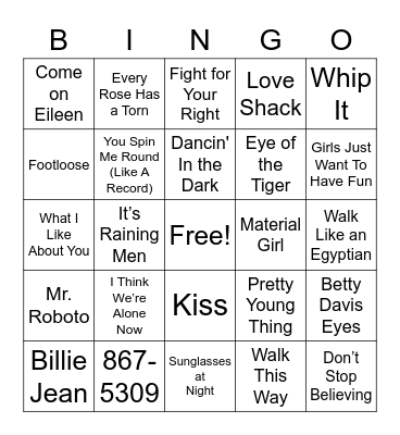 80’s Hits Bingo Card