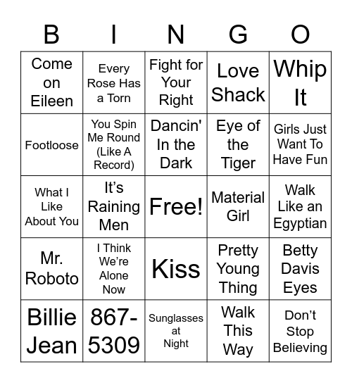 80’s Hits Bingo Card