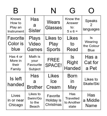 "Get to Know Me" Bingo Card