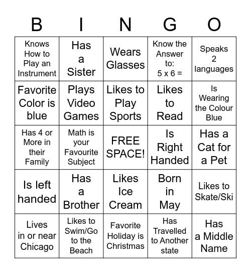 "Get to Know Me" Bingo Card