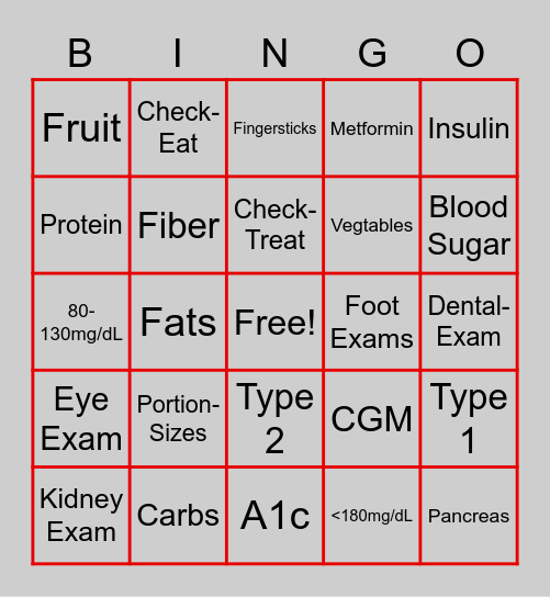 Diabetes Bingo Card