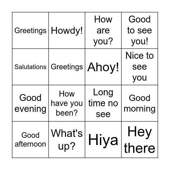 Ways to say "Hello!" Bingo Card