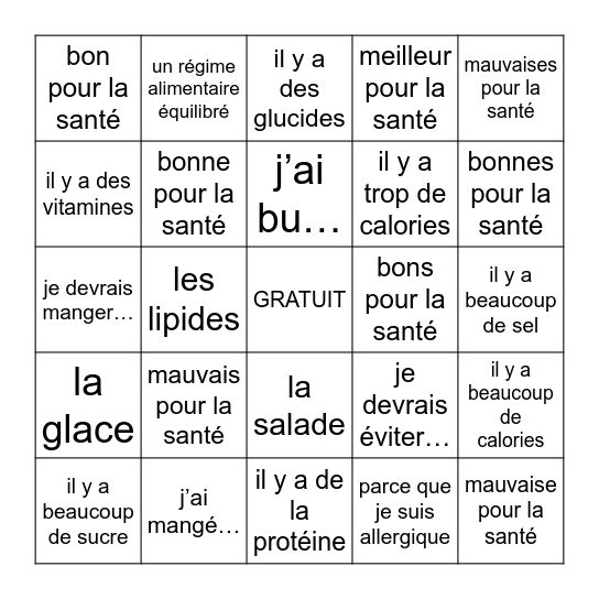 La santé alimentaire Bingo Card