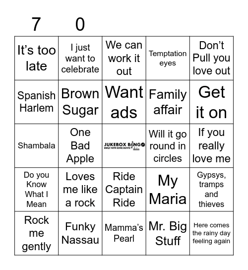 JukeBox Bingo 70s Bingo Card