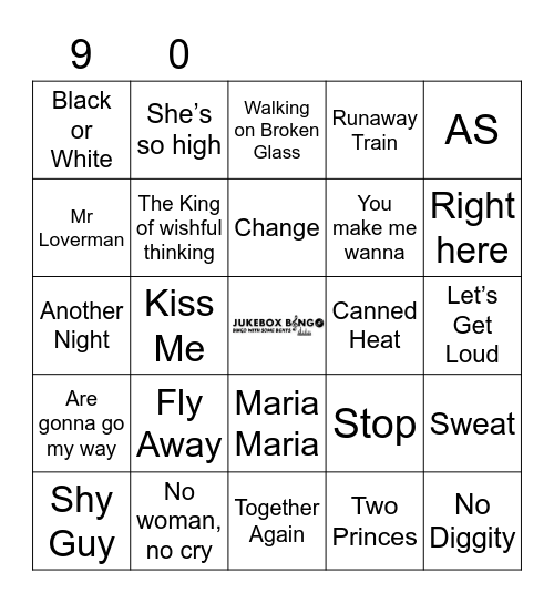 JukeBox Bingo 90s Bingo Card