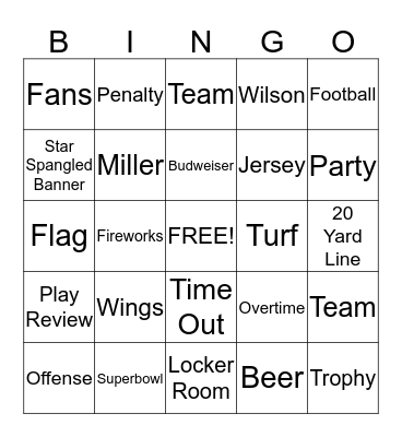 Superbowl Bingo Card