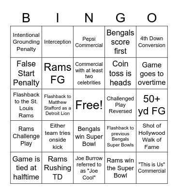 Super Bowl Bingo Card