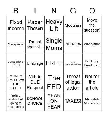 School Deliberative Session Bingo Card