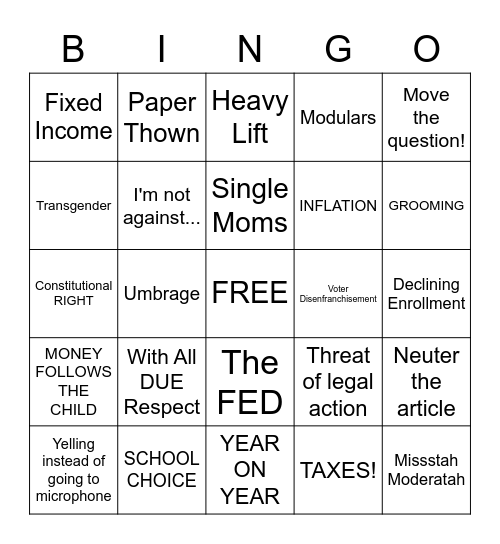 School Deliberative Session Bingo Card